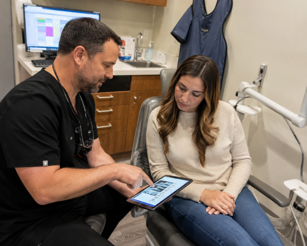 Dentist providing personalized family dental care to a patient in Elgin, TX.