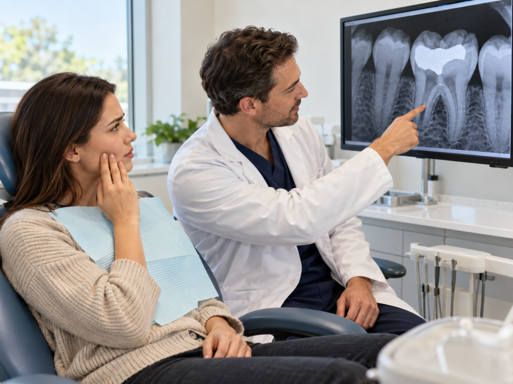 Dentist explains an X-ray showing a large molar filling while a patient experiencing tooth sensitivity touches her cheek.