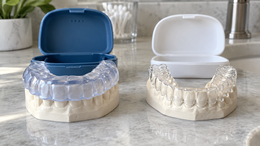 A thick protective night guard and a thin clear retainer are displayed side by side on dental models with their storage cases.